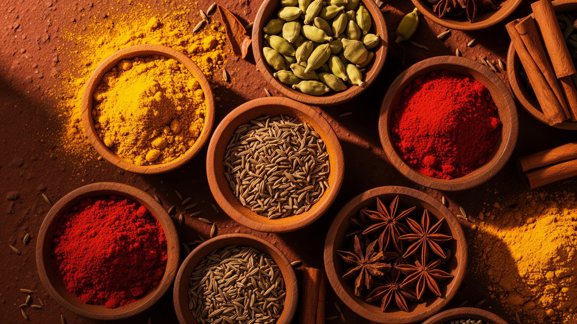 Indian spices in wooden bowls